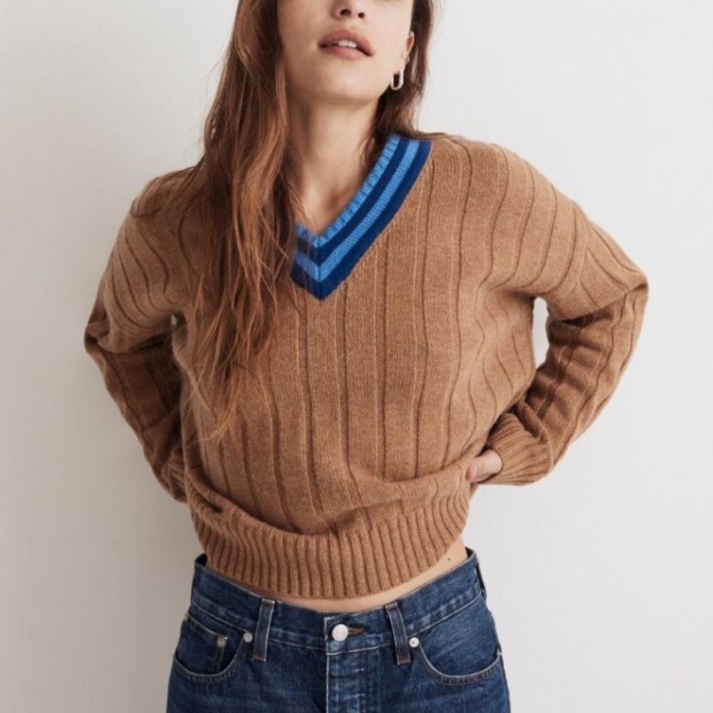 Madewell Camel V-Neck Sweater with Blue Stripe Trim